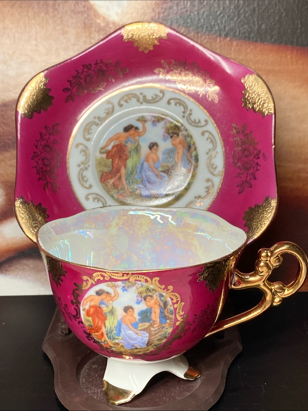 Shafford Japan Victorian Scene Burgundy Footed Tea Cup Saucer Set Gold Gilt
